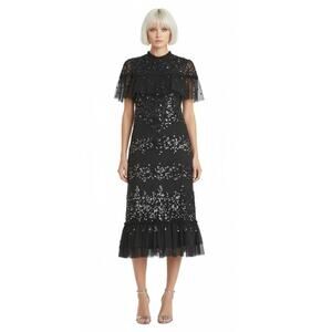 Mac Duggal Sequin High Neck Midi Dress Flutter Sleeve Black Size 12 NWT